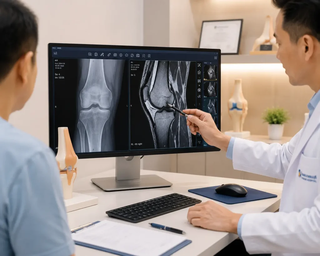 แพทย์อธิบายผลตรวจ MRI ข้อเข่าที่โรงพยาบาลกระดูกและข้อ