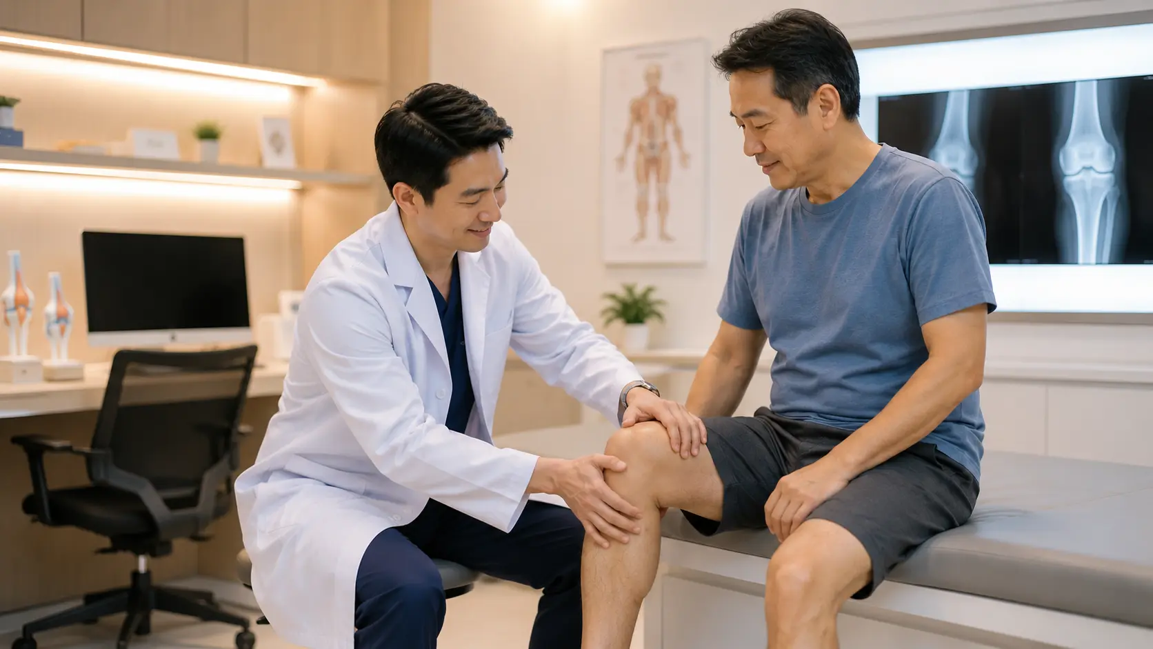 แพทย์ตรวจข้อเข่าคนไข้ที่โรงพยาบาลกระดูกและข้อ